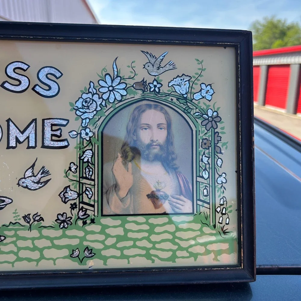 Vintage God Bless Our Home Reverse Painted Glass Foil Sign Sacred Heart Jesus